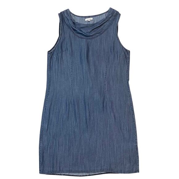 Lina Tomei Tencel Shift Dress Midi Blue Denim Size M Italy Cowl Neck Minimalist - Picture 5 of 9